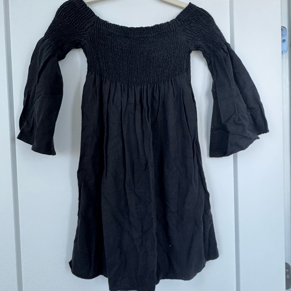 Zara Woman Black Smocked Off-Shoulder Dress with Bell Sleeves